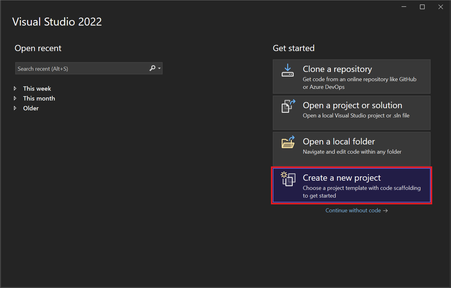 Visual Studio 2022'de başlangıç penceresindeki 'Yeni proje oluştur' iletişim kutusunun ekran görüntüsü.