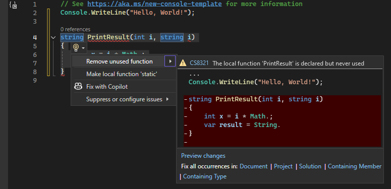 Visual Studio'da ampul simgesiyle Hızlı İşlem öneri ayrıntılarını gösteren ekran görüntüsü.