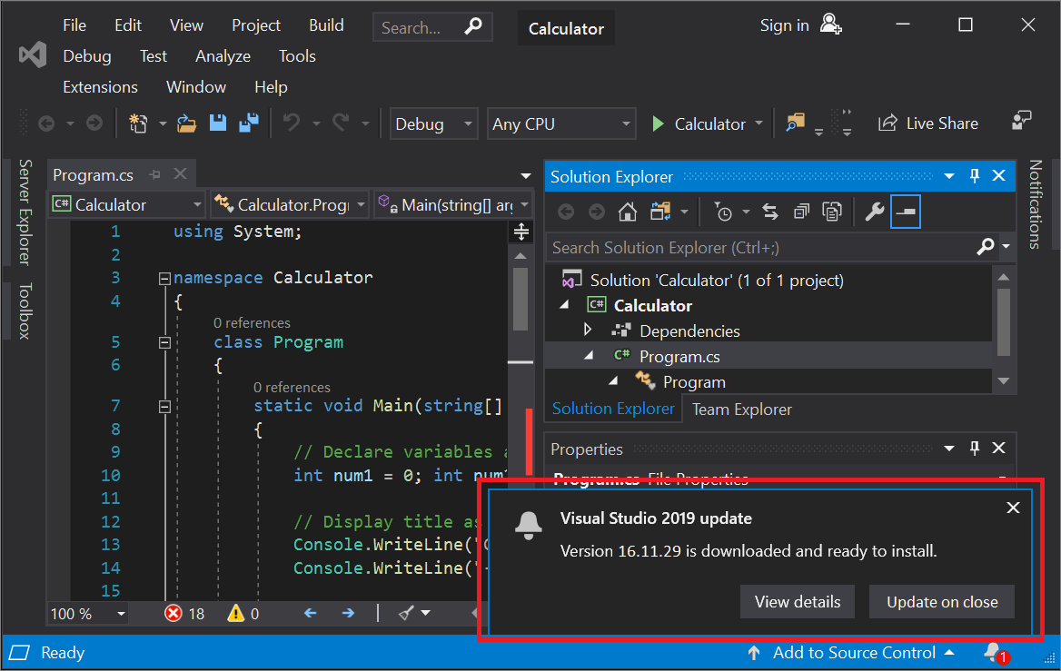 IDE'de 'Visual Studio 2019 güncelleştirmesi' iletisini gösteren ekran görüntüsü.