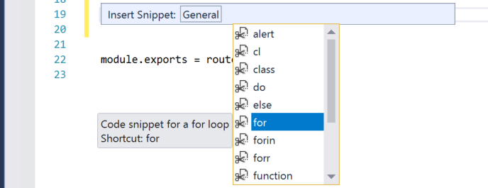 Visual Studio'da for döngüsü için kod parçacığı