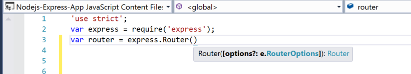 JavaScript kodu girilmiş bir Visual Studio kod penceresinin ekran görüntüsü. Router() işlevi için IntelliSense bilgileri gösterilir.