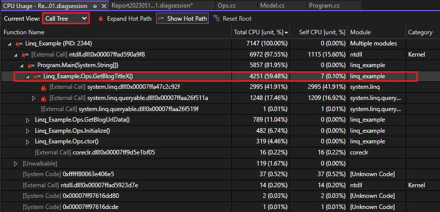 CPU Kullanımı aracındaki Çağrı Ağacı görünümünün ekran görüntüsü.