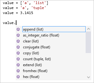 Visual Studio düzenleyicisinde birden çok türde üye tamamlama işlemini gösteren ekran görüntüsü.