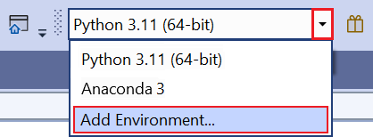 Visual Studio'da Python araç çubuğunda ortam ekle komutunu gösteren ekran görüntüsü.