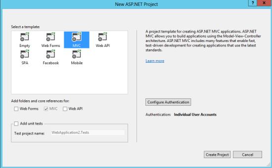 Bir ASP.NET Yeni Proje İletişim Kutusu