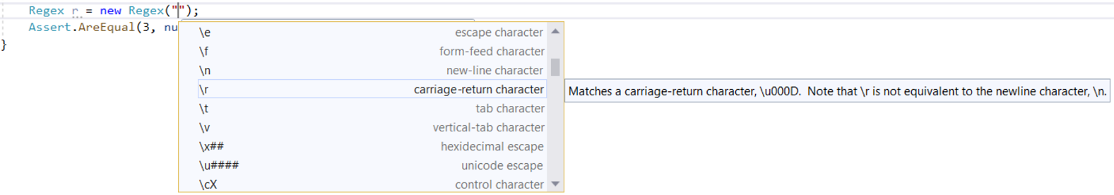 IntelliSense'te (Ctrl + boşluk) ile sunulan regex tamamlama