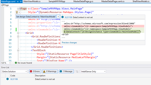 MVVM d:DataContext için XAML IntelliSense