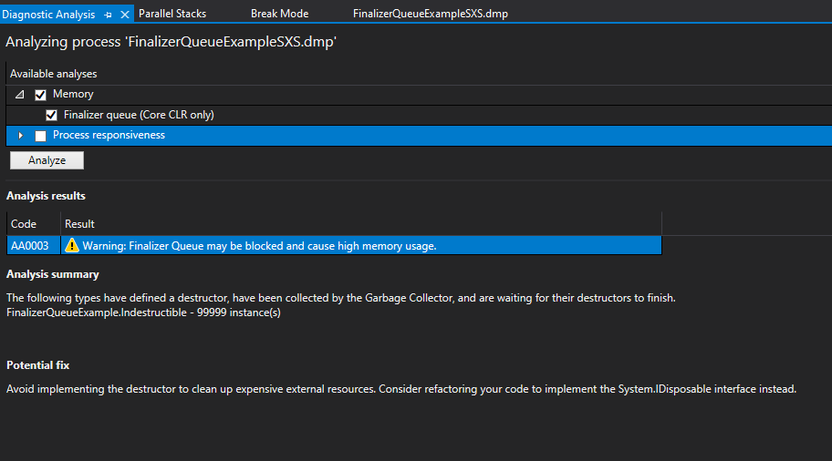 .NET Core Sonlandırıcı kuyruğunun incelendiğini gösteren Otomatik Çözümleyici