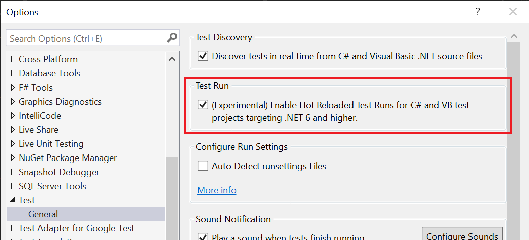 Araçlar > Seçenekler > Testi'nde sık erişimli yeniden yüklemeyi etkinleştir seçeneğini gösteren Visual Studio'nun ekran görüntüsü.