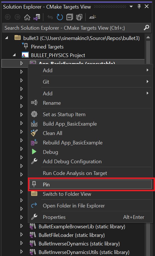 Bağlam menüsü aracılığıyla CMake Hedefini Sabitleme