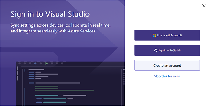 Visual Studio ilk başlatma iletişim kutusunda GitHub oturumu açma