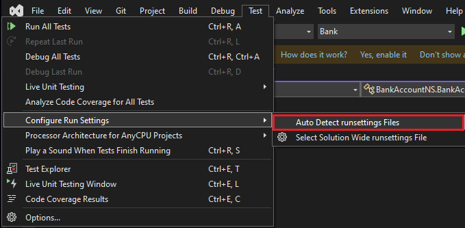 Visual Studio'da runsettings dosyasını otomatik algılama menüsü