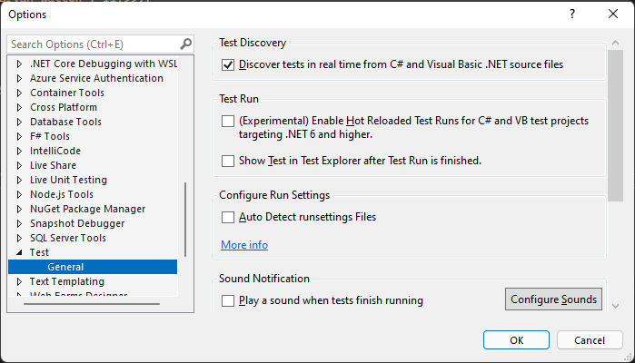 Visual Studio'da runsettings dosyasını otomatik algılama seçeneği