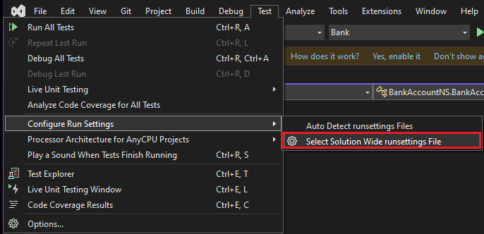 Visual Studio'da çözüm genelinde test çözümü runsettings dosya menüsünü seçin