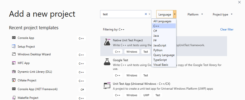 Visual Studio 2019'da C++ Test Projeleri