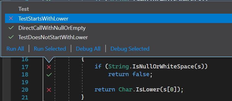 Visual Studio'da bir simgenin test durumunu gösteren ekran görüntüsü.