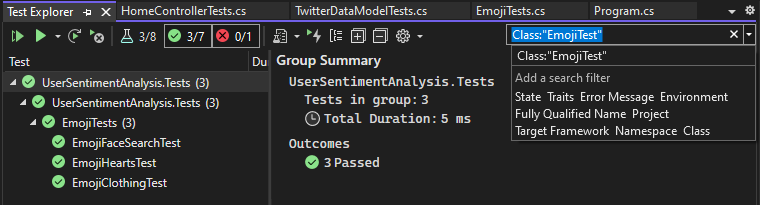 Filter tests in Test Explorer