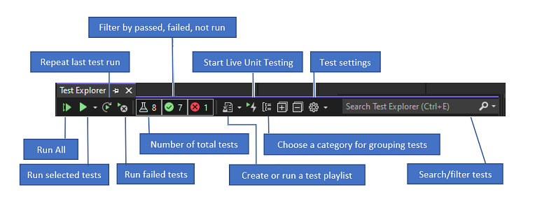 Test Gezgini araç çubuğundan testleri çalıştırma