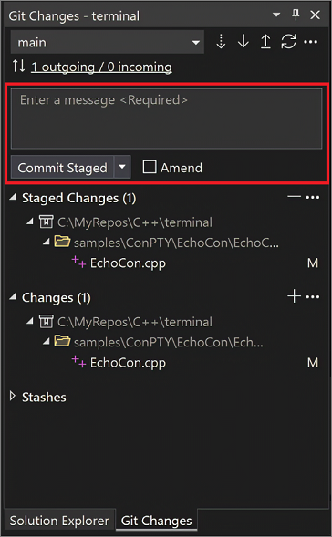 Visual Studio 2022'de Git Değişiklikleri iletişim kutusunun ekran görüntüsü.