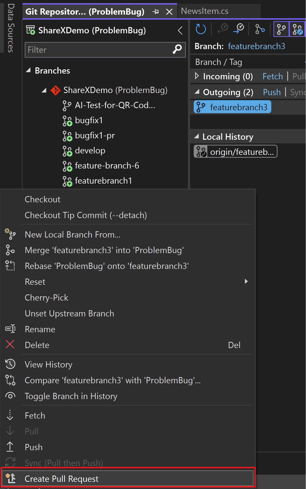 Visual Studio 2022'de giden/gelen bağlantı metninin vurgulandığı Git Deposu penceresi.