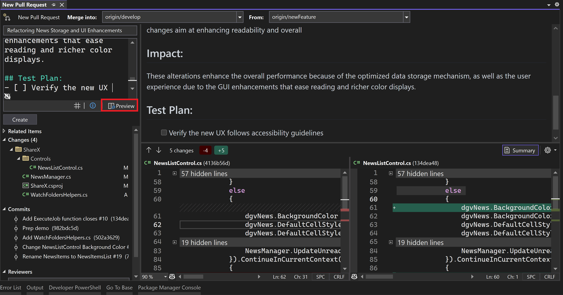 Visual Studio 2022'de önizleme düğmesi metninin vurgulandığı Yeni Çekme İsteği penceresi.