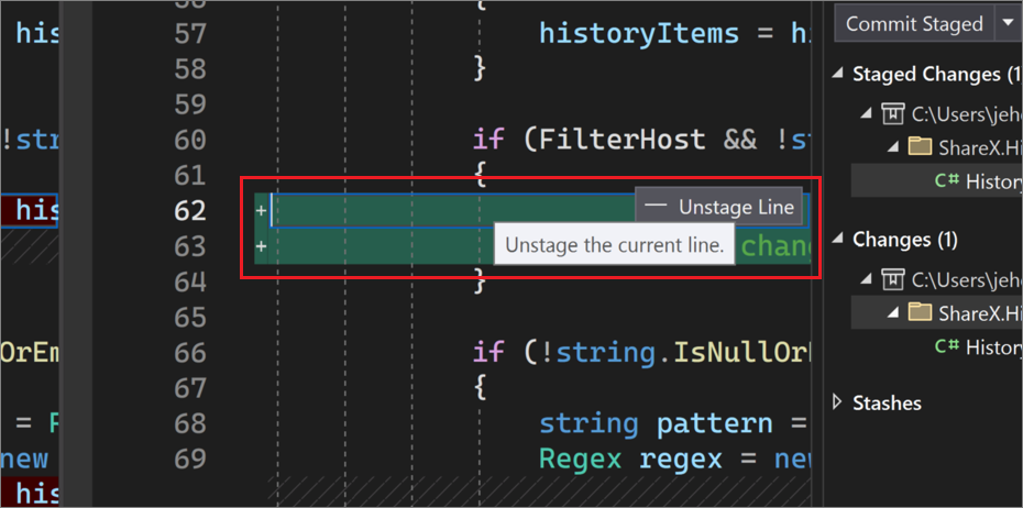 Visual Studio 2022'de Git için değişiklikleri kaldırma örneği ekran görüntüsü.