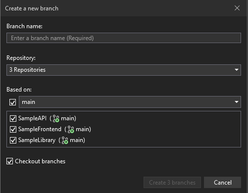 Visual Studio'da 'Yeni dal oluştur' iletişim kutusunun ekran görüntüsü.