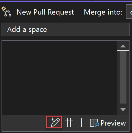 GitHub Copilot'un çekme isteği açıklaması oluşturmasını istemek için mini kalem simgesinin ekran görüntüsü.