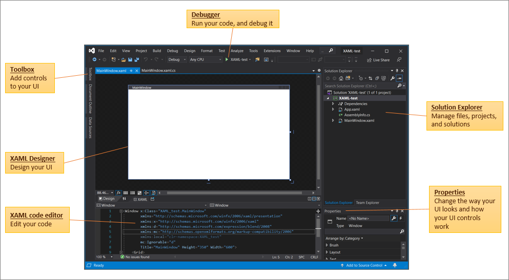 XAML'de açık wpf projesine sahip Visual Studio 2019 IDE