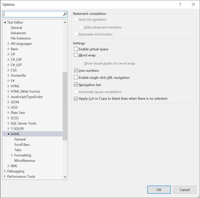 XAML metin düzenleyicisi için Seçenekler listesi