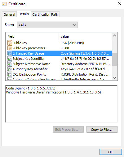 Screenshot of EKU details pane for driver not signed for attestation. OID ends with 5.