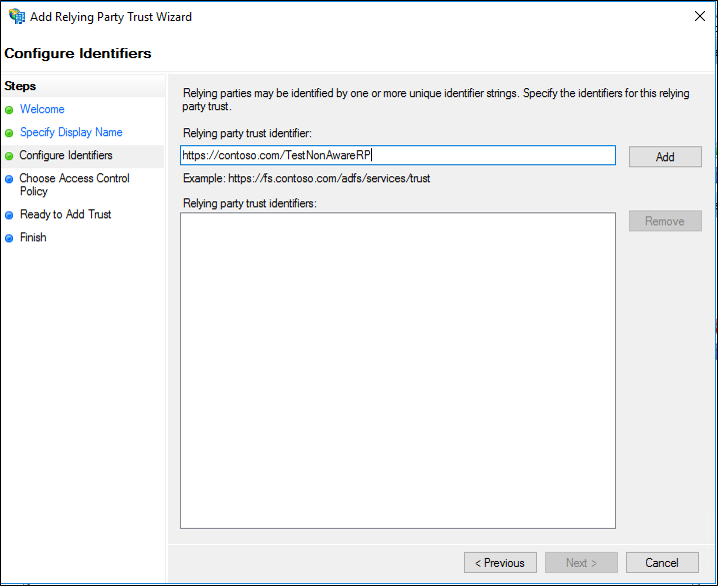 Screenshot that shows where to specify one or more identifiers for the relying party trust.