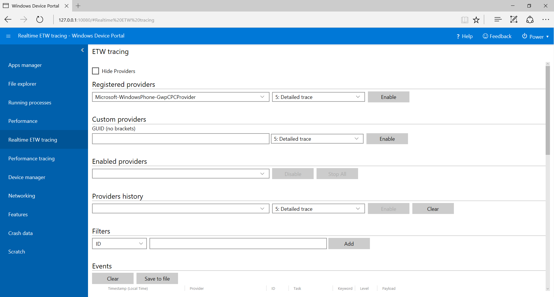 Device Portal ETW logging page