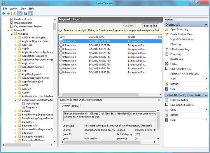 event viewer for background tasks debug information