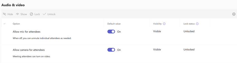 模板的 Teams 音频和视频策略的屏幕截图。