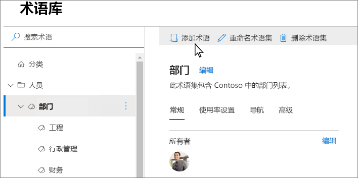 SharePoint 管理中心中术语库页面的屏幕截图，其中突出显示了“添加术语”。