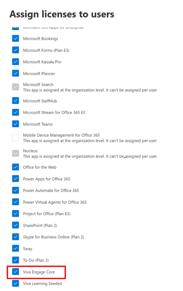 屏幕截图显示Microsoft 365 管理中心的“分配许可证”部分，其中Viva Engage企业许可证可供分配。