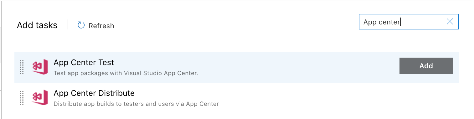 App Center 测试的 Azure Pipelines 搜索屏幕