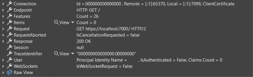 .NET 8 中 HttpContext 类型的有用调试器显示。