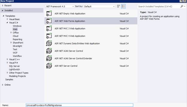 使用 Web Forms 模板在 Visual Studio 2012 中新建的Web Forms应用程序的屏幕截图。