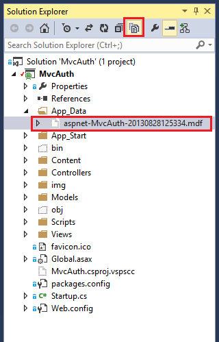 显示“解决方案资源管理器”页的屏幕截图。突出显示了“显示所有文件”图标和 M v c 身份验证成员资格数据库。