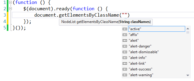 显示 getElementsByClassName 函数的 IntelliSense