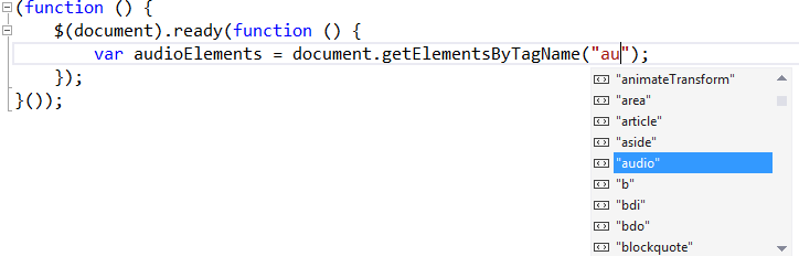 显示 getElementByTagName 方法的 IntelliSense