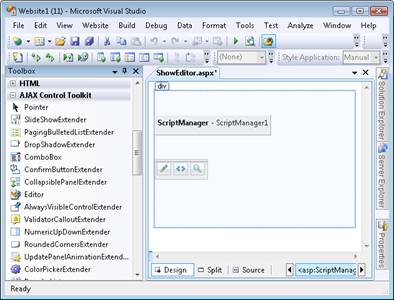 具有 ScriptManager 和 Edit 控件的 Visual Studio Designer