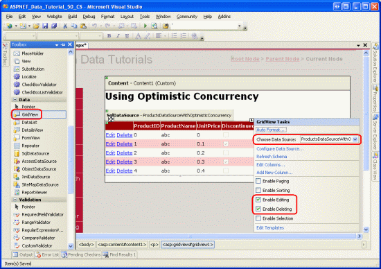 将 GridView 绑定到 SqlDataSource 并启用编辑和删除