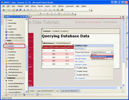 添加 GridView 并将其绑定到 SqlDataSource 控件