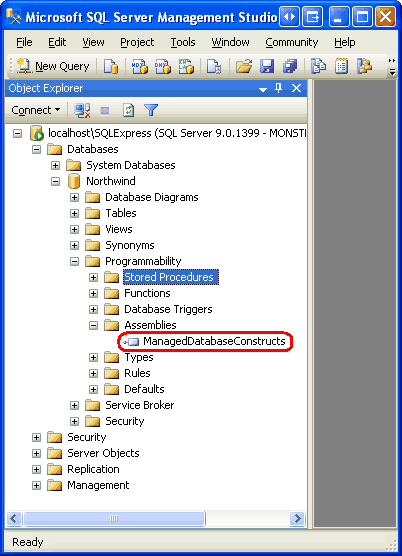 ManagedDatabaseConstructs 程序集现已注册到 Northwind 数据库