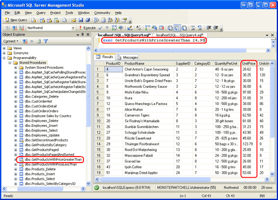 Microsoft SQL Server Management Studio 窗口的屏幕截图，其中显示了执行的 GetProductsWithPriceGreaterThan 存储过程，其中显示 UnitPrice 大于 $24.95 的产品。