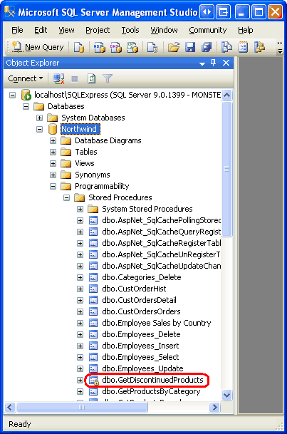 GetDiscontinuedProducts 存储过程列在存储过程文件夹中