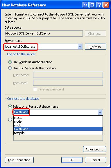 将 SQL Server 项目与 Northwind 数据库相关联